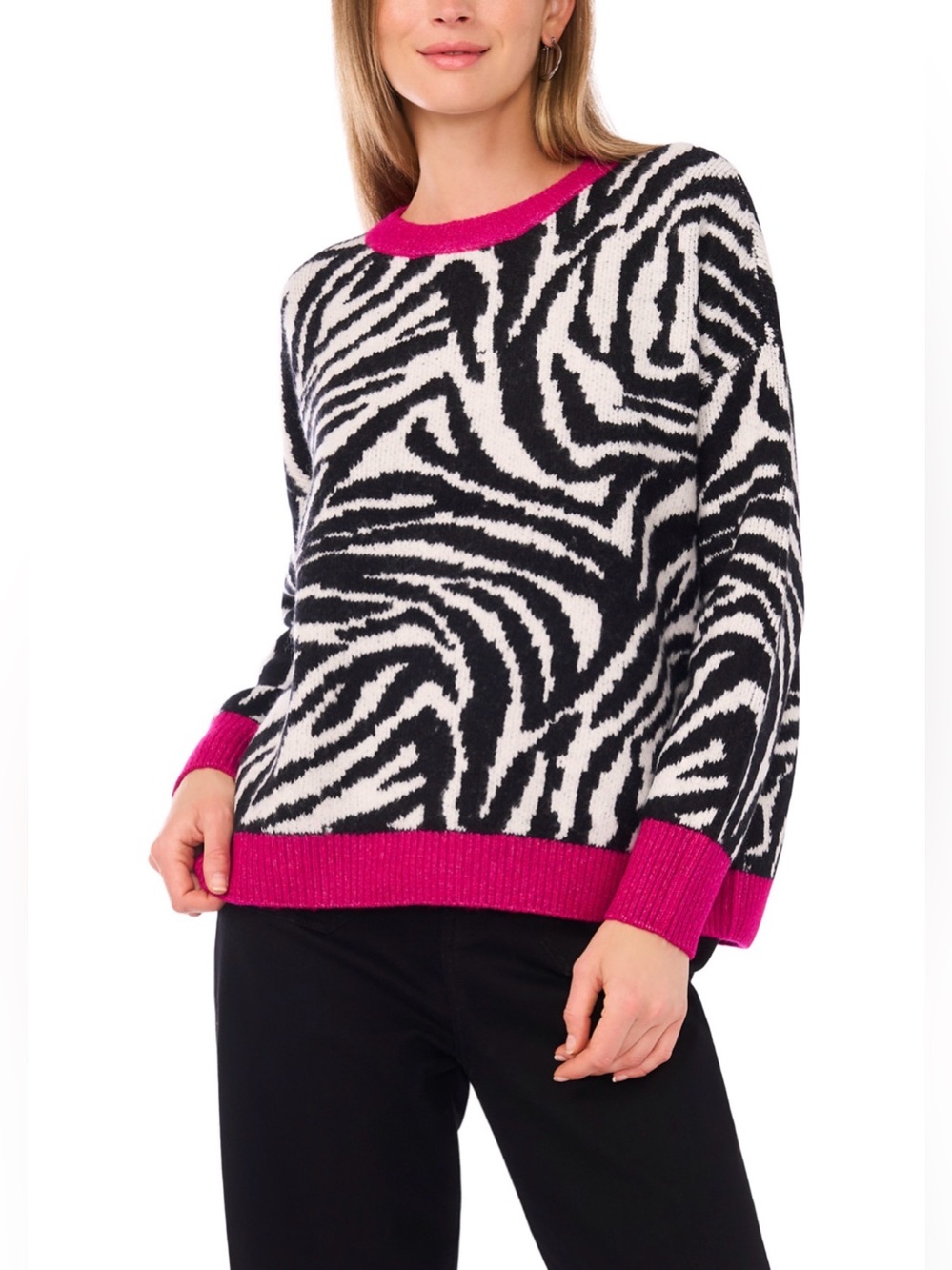 VINCE CAMUTO Black-White Zebra Crewneck Sweater with Fuchsia Trim.